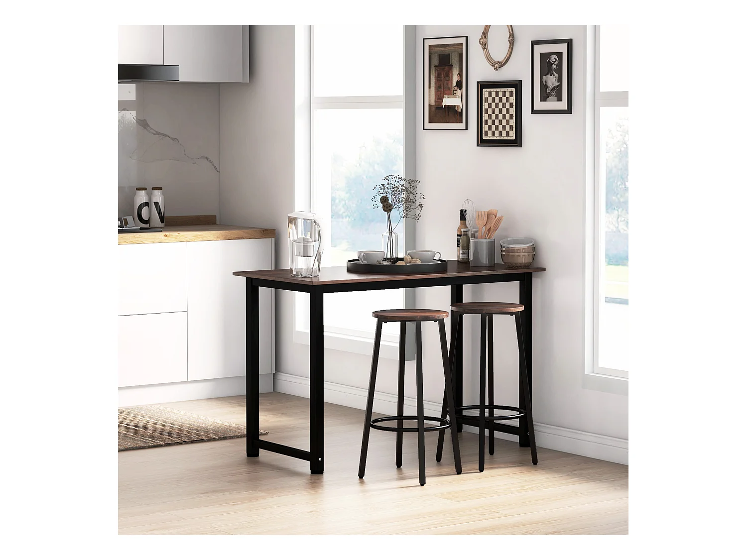 Lot de 2 tabourets de bar, design industriel, avec repose-pieds, structure en métal, jusqu'à 120 kg, marron