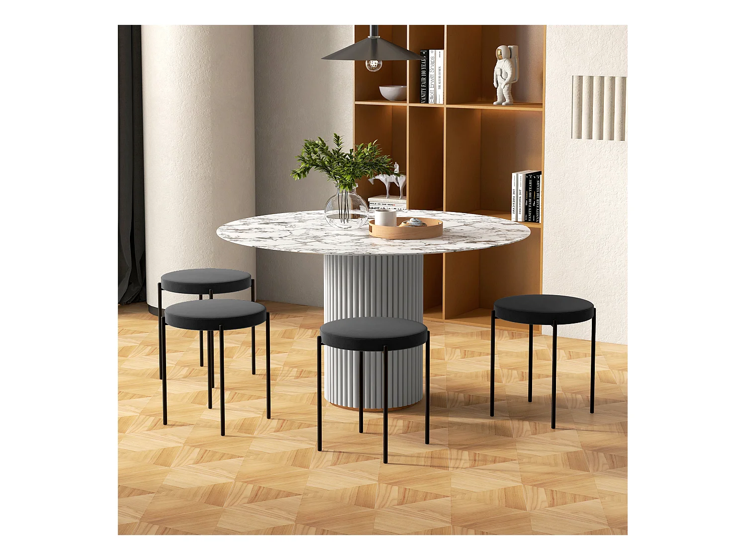 Ensemble de 4 tabourets de salle à manger, empilables, assise rembourrée, aspect velours, métal noir