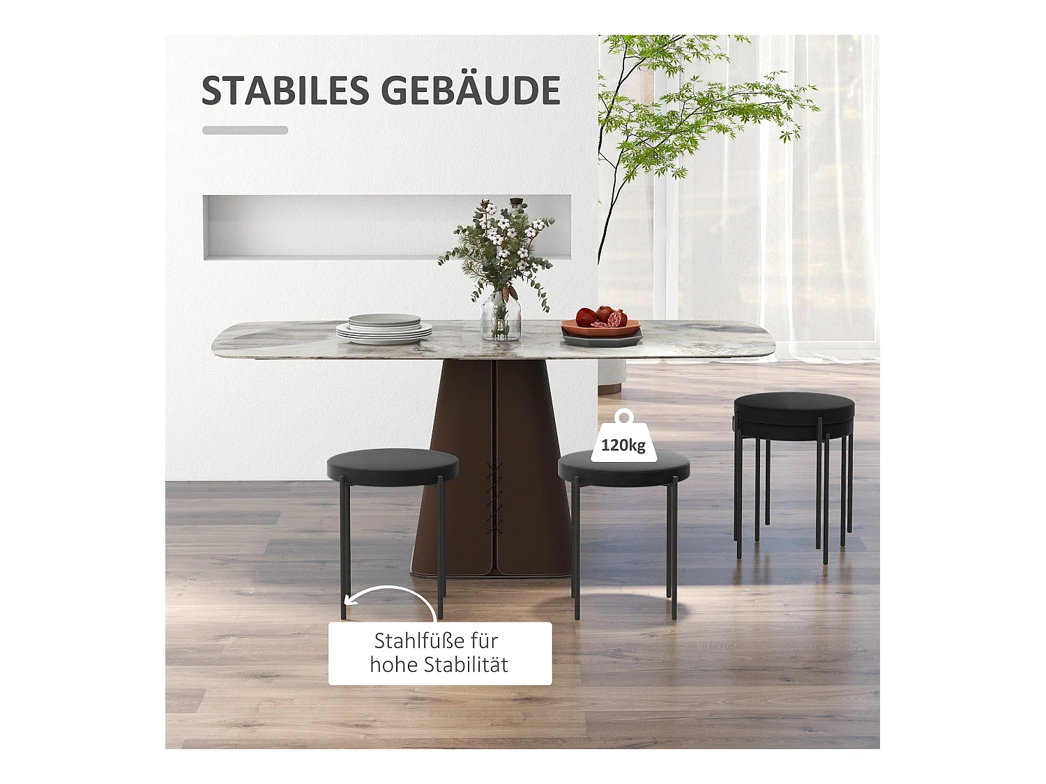 Ensemble de 4 tabourets de salle à manger, empilables, assise rembourrée, aspect velours, métal noir