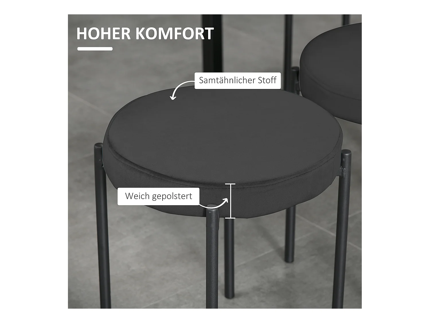 Ensemble de 4 tabourets de salle à manger, empilables, assise rembourrée, aspect velours, métal noir