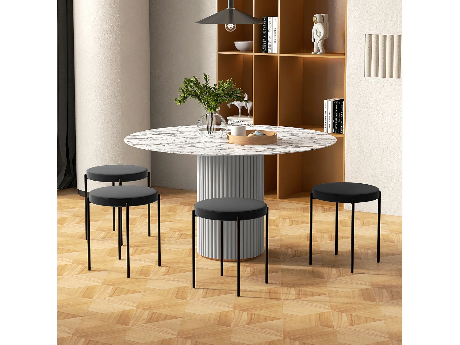 Ensemble de 4 tabourets de salle à manger, empilables, assise rembourrée, aspect velours, métal noir