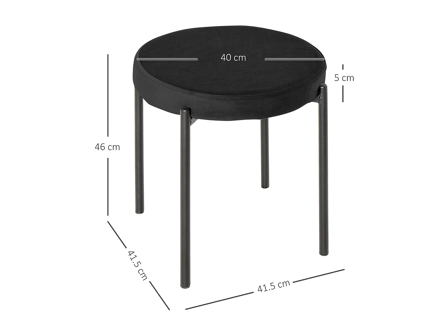Ensemble de 4 tabourets de salle à manger, empilables, assise rembourrée, aspect velours, métal noir