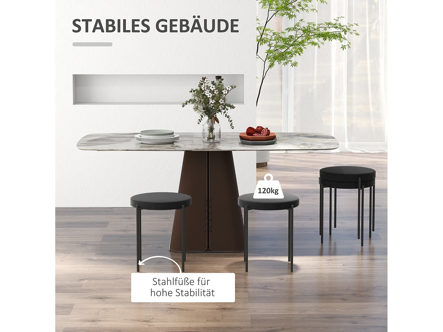 Ensemble de 4 tabourets de salle à manger, empilables, assise rembourrée, aspect velours, métal noir