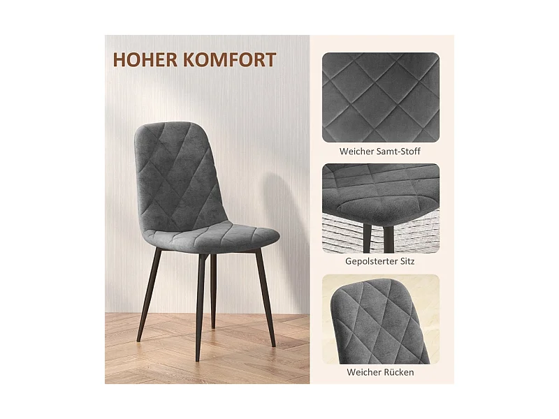 Lot de 4 chaises de salle à manger, chaises de cuisine avec dossier, aspect velours, chaises rembourrées avec pieds en métal, gris