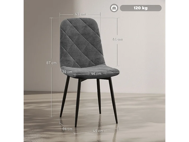 Lot de 4 chaises de salle à manger, chaises de cuisine avec dossier, aspect velours, chaises rembourrées avec pieds en métal, gris