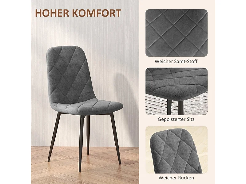 Lot de 4 chaises de salle à manger, chaises de cuisine avec dossier, aspect velours, chaises rembourrées avec pieds en métal, gris