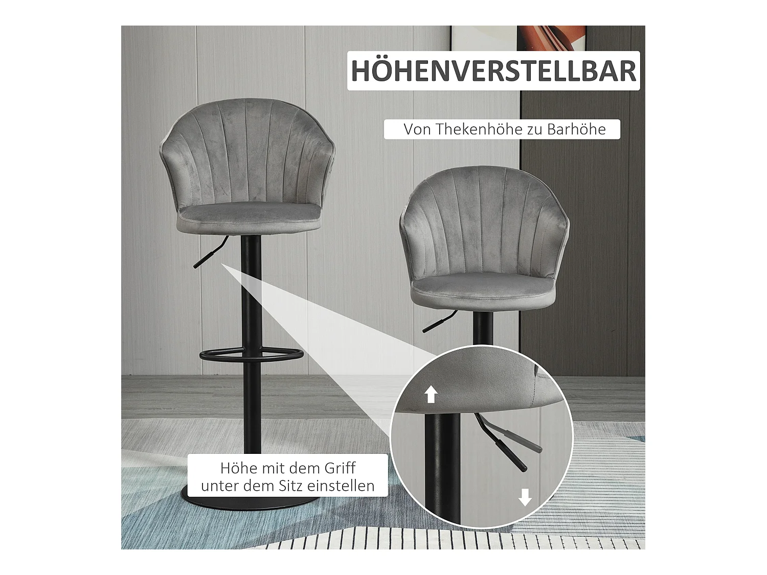 Lot de 2 tabourets de bar pivotants, réglables en hauteur, avec dossier, toucher velours, gris, sans accoudoirs