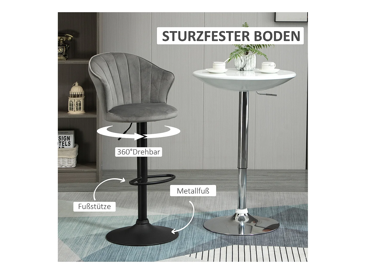 Lot de 2 tabourets de bar pivotants, réglables en hauteur, avec dossier, toucher velours, gris, sans accoudoirs