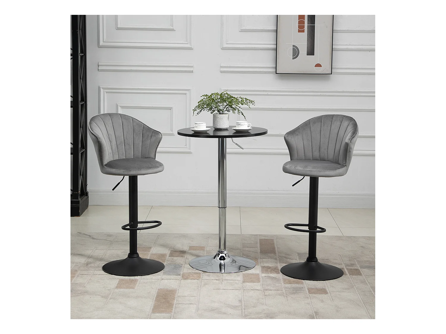 Lot de 2 tabourets de bar pivotants, réglables en hauteur, avec dossier, toucher velours, gris, sans accoudoirs