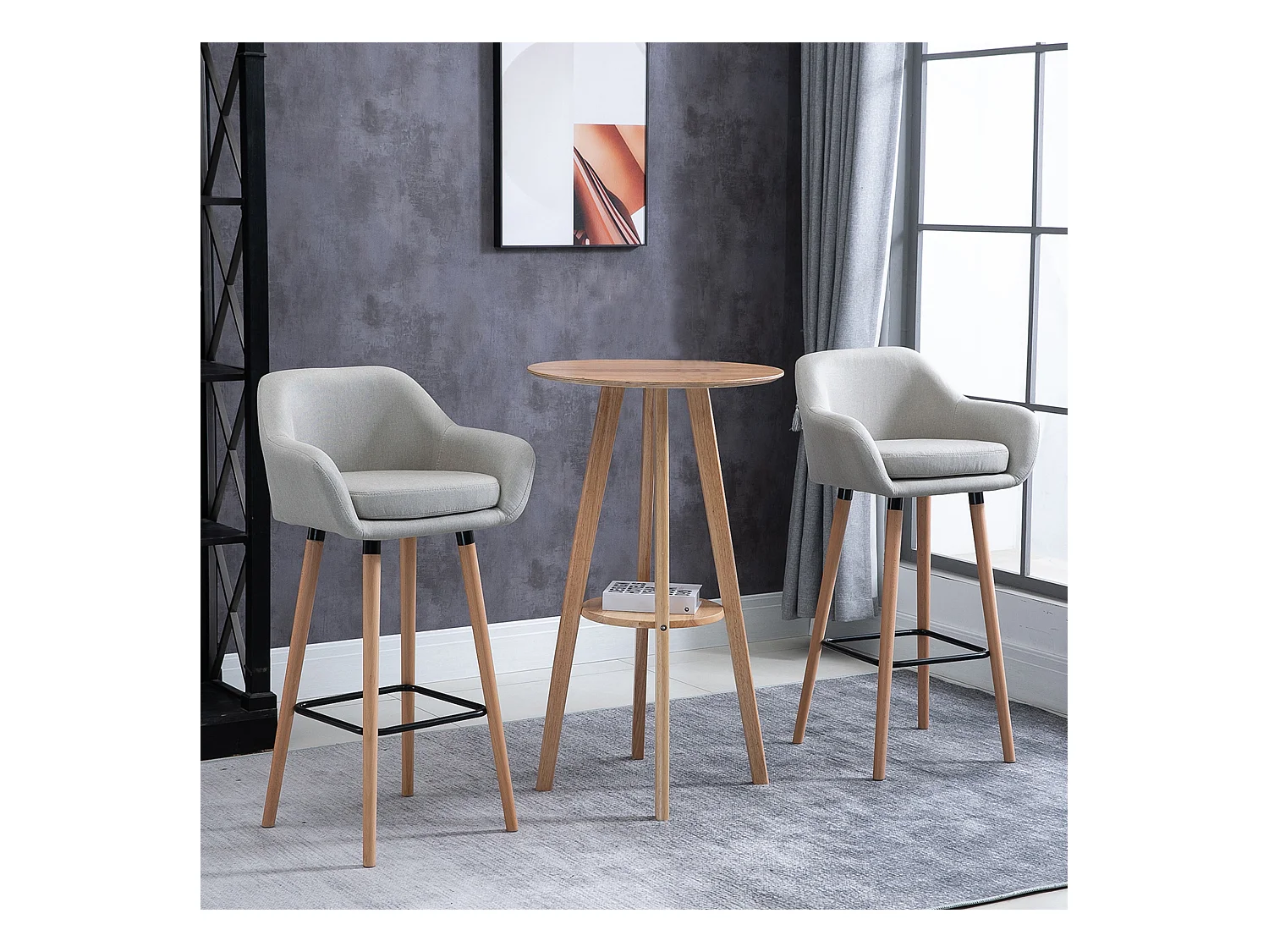 Ensemble de 2 tabourets de bar confortables en lin avec coussins d'assise et repose-pieds, pieds en hêtre, beige