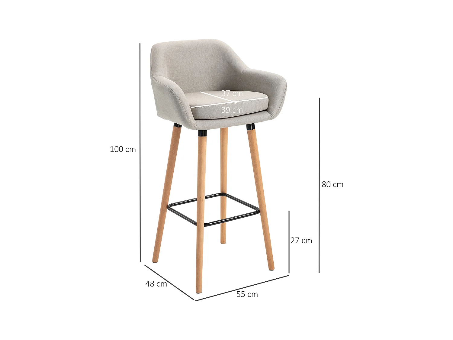 Ensemble de 2 tabourets de bar confortables en lin avec coussins d'assise et repose-pieds, pieds en hêtre, beige
