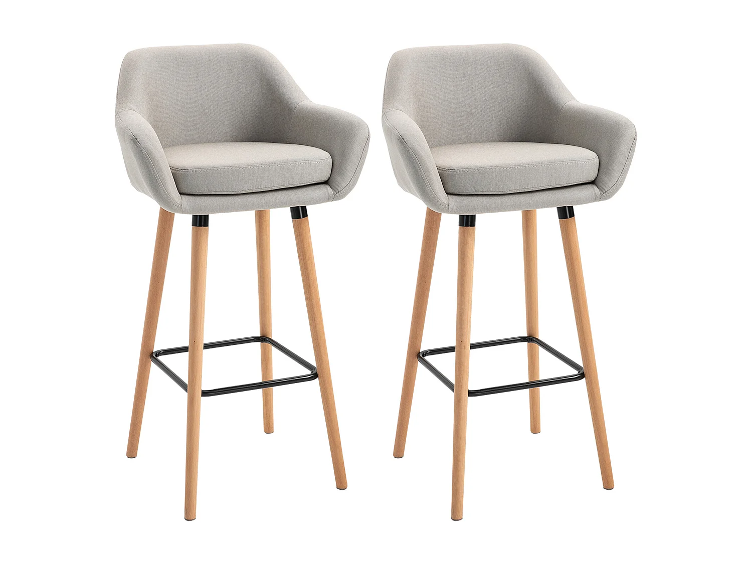 Ensemble de 2 tabourets de bar confortables en lin avec coussins d'assise et repose-pieds, pieds en hêtre, beige