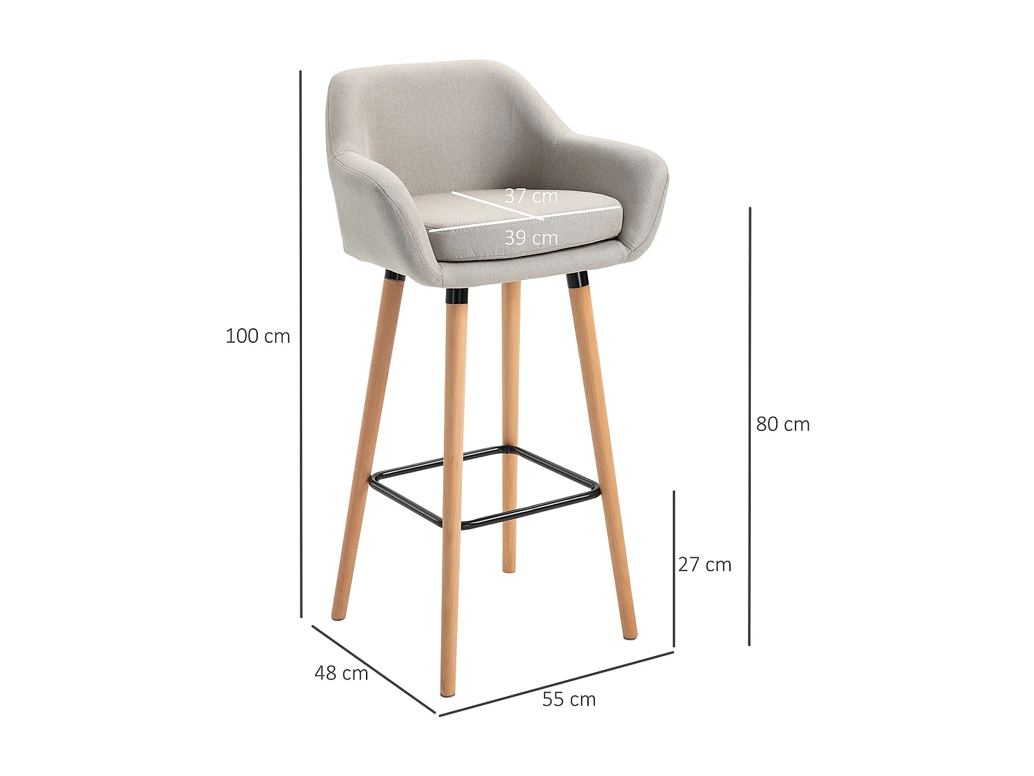 Ensemble de 2 tabourets de bar confortables en lin avec coussins d'assise et repose-pieds, pieds en hêtre, beige