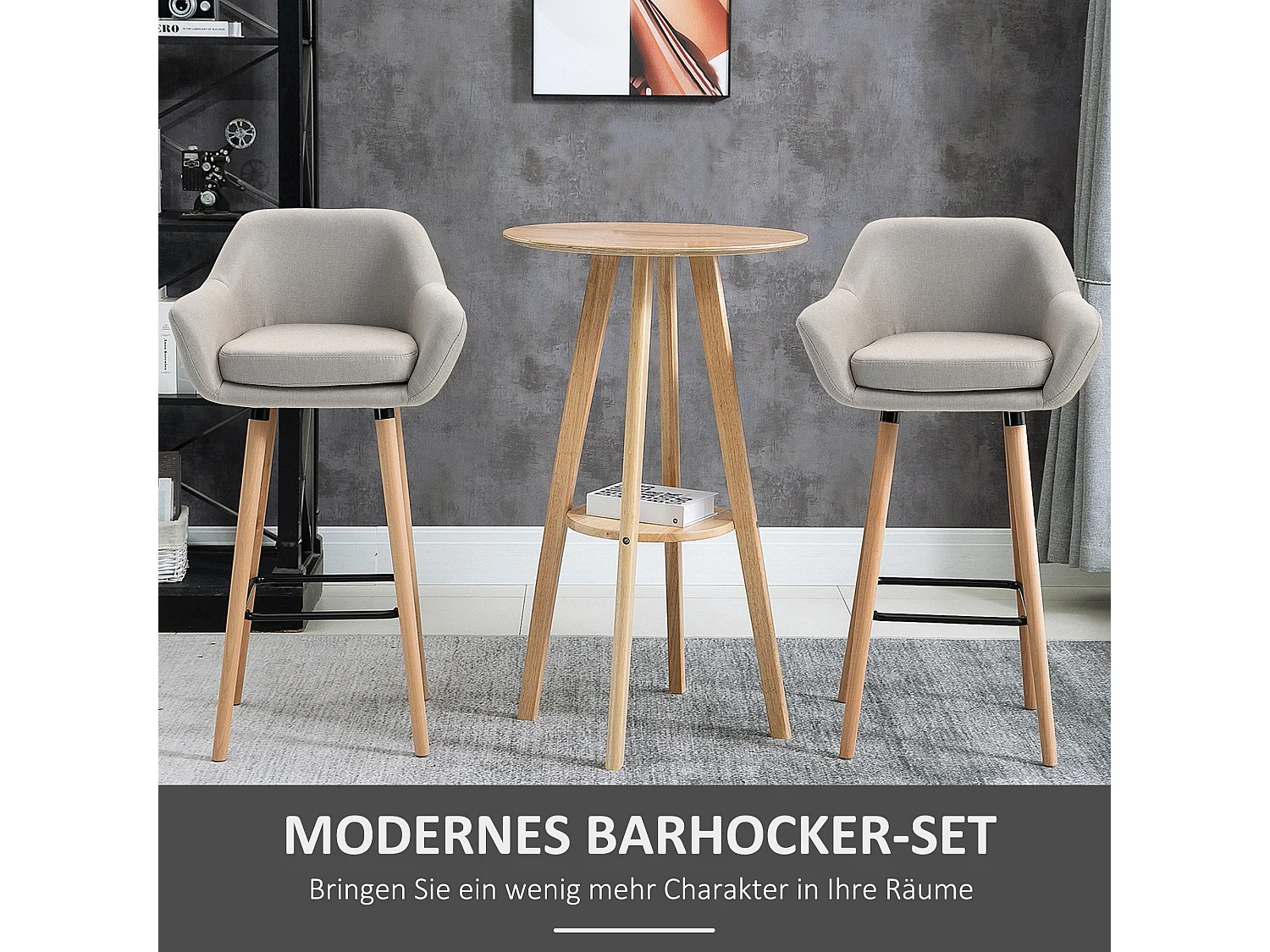 Ensemble de 2 tabourets de bar confortables en lin avec coussins d'assise et repose-pieds, pieds en hêtre, beige