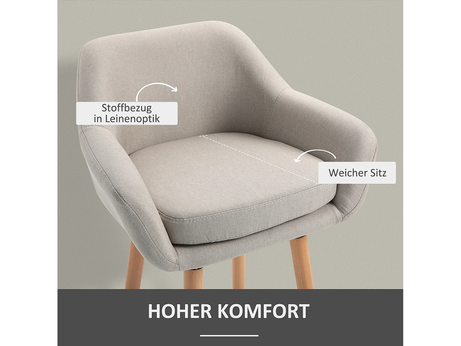 Ensemble de 2 tabourets de bar confortables en lin avec coussins d'assise et repose-pieds, pieds en hêtre, beige