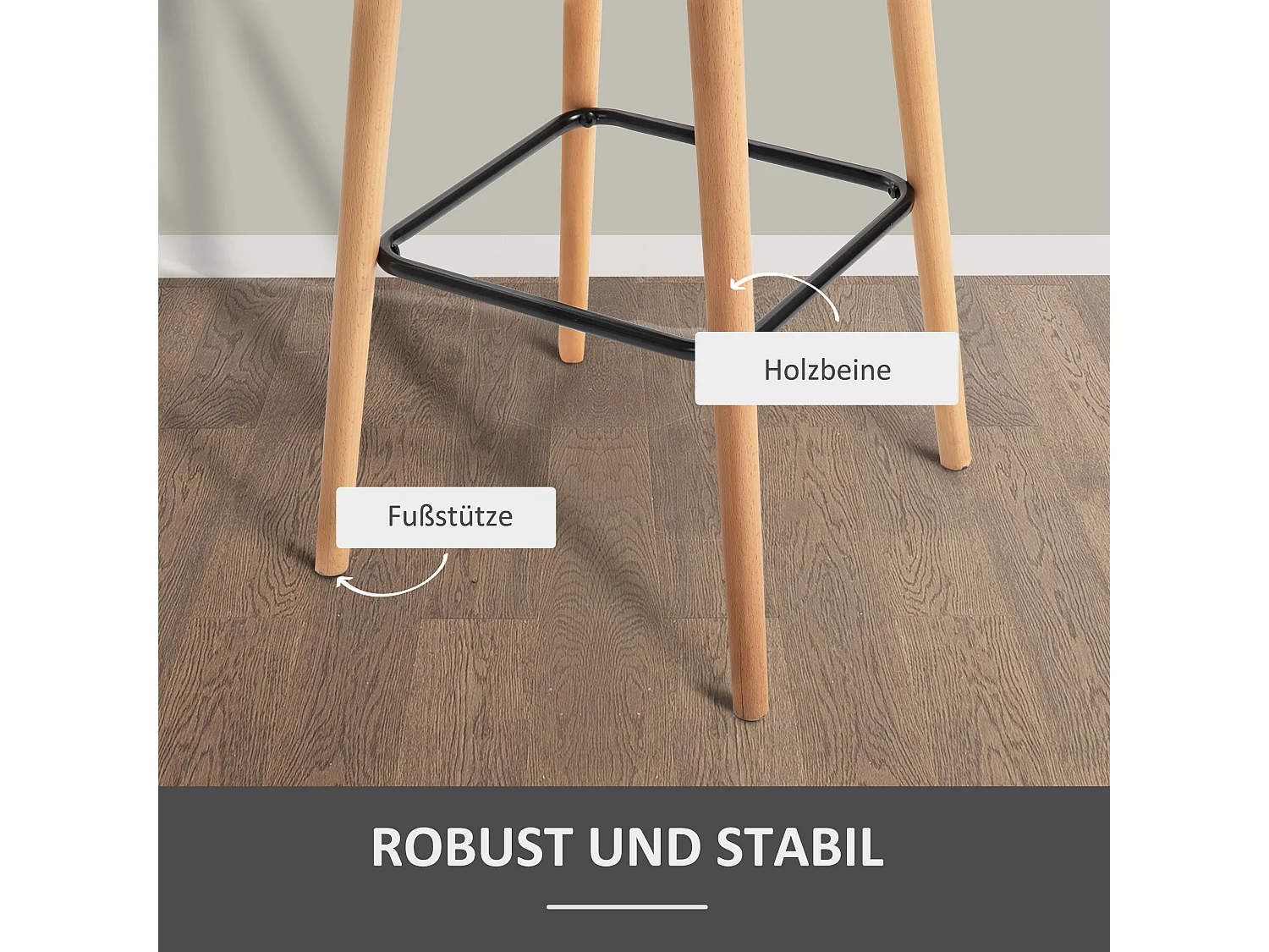 Ensemble de 2 tabourets de bar confortables en lin avec coussins d'assise et repose-pieds, pieds en hêtre, beige