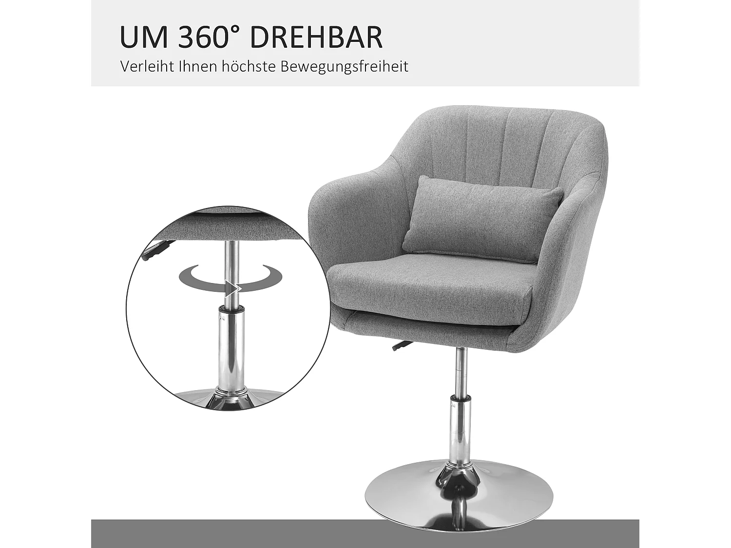 Sedia girevole, regolabile in altezza, poltrona dal design retrò, poltrona reclinabile con cuscino per lo schienale, lino, grigio