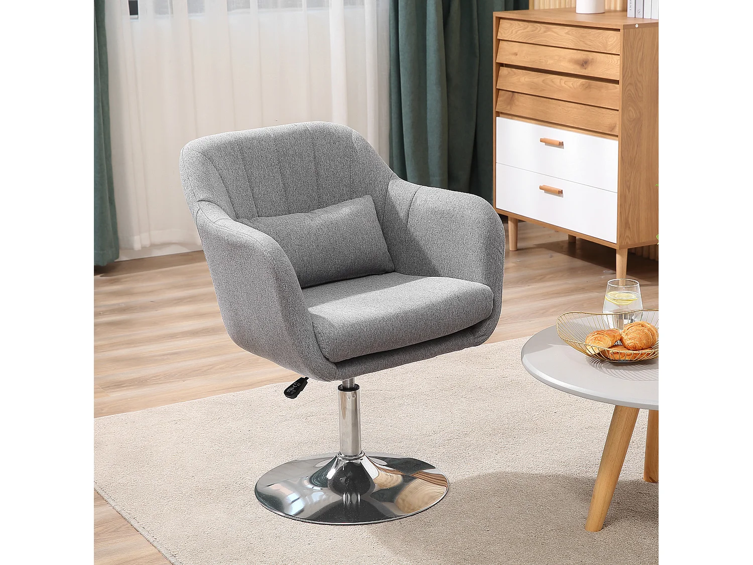Chaise pivotante, réglable en hauteur, chaise d'appoint au design rétro, fauteuil inclinable avec coussin de dossier, lin, gris