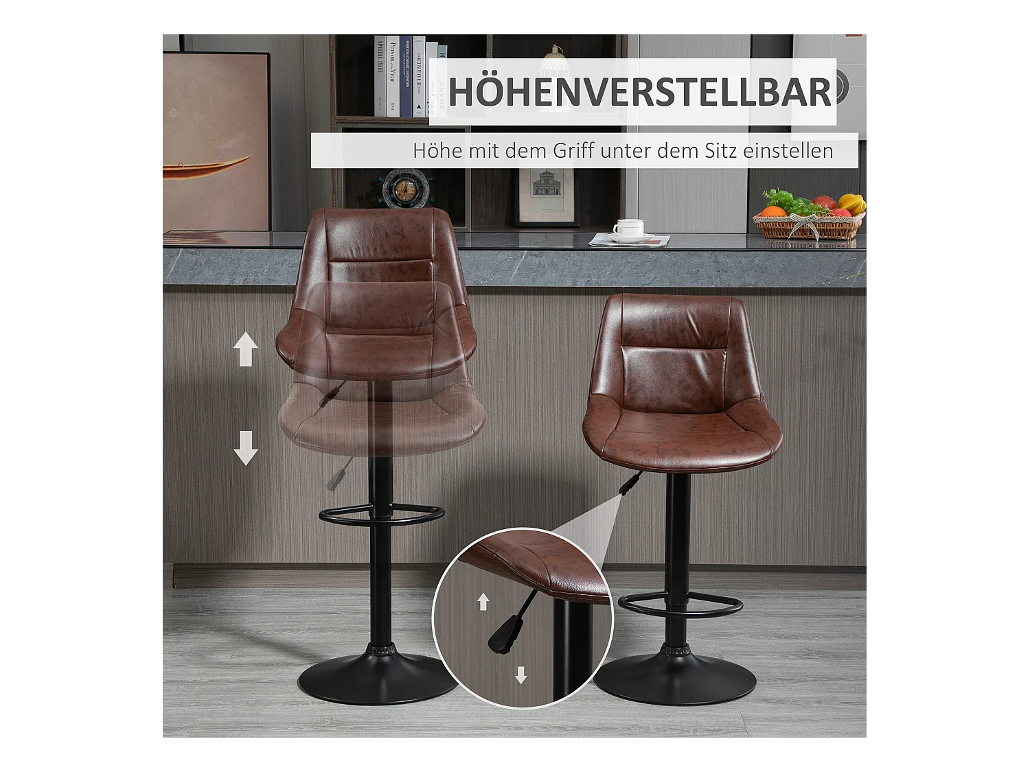 Lot de 2 tabourets de bar, tabourets de bar réglables en hauteur avec dossier, pivotants, similicuir, marron