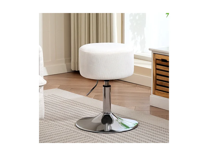 Tabouret de bar, réglable en hauteur et pivotant, rembourré, aspect velours côtelé, avec repose-pieds, blanc