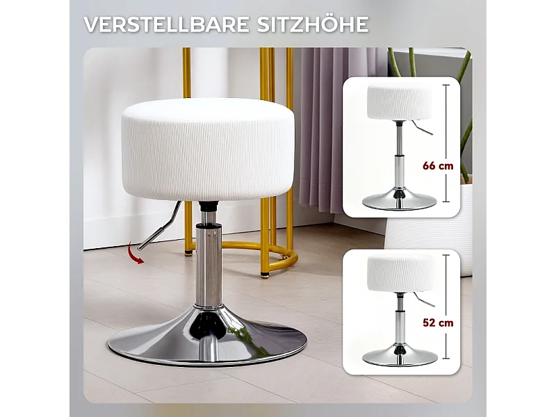 Tabouret de bar, réglable en hauteur et pivotant, rembourré, aspect velours côtelé, avec repose-pieds, blanc