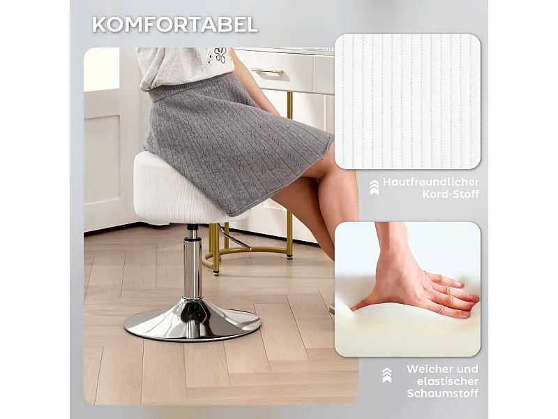 Tabouret de bar, réglable en hauteur et pivotant, rembourré, aspect velours côtelé, avec repose-pieds, blanc