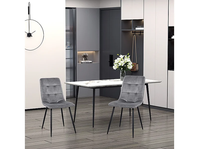 Conjunto de 2 cadeiras de jantar, cadeira de cozinha estofada, espuma, metal, cinza preto