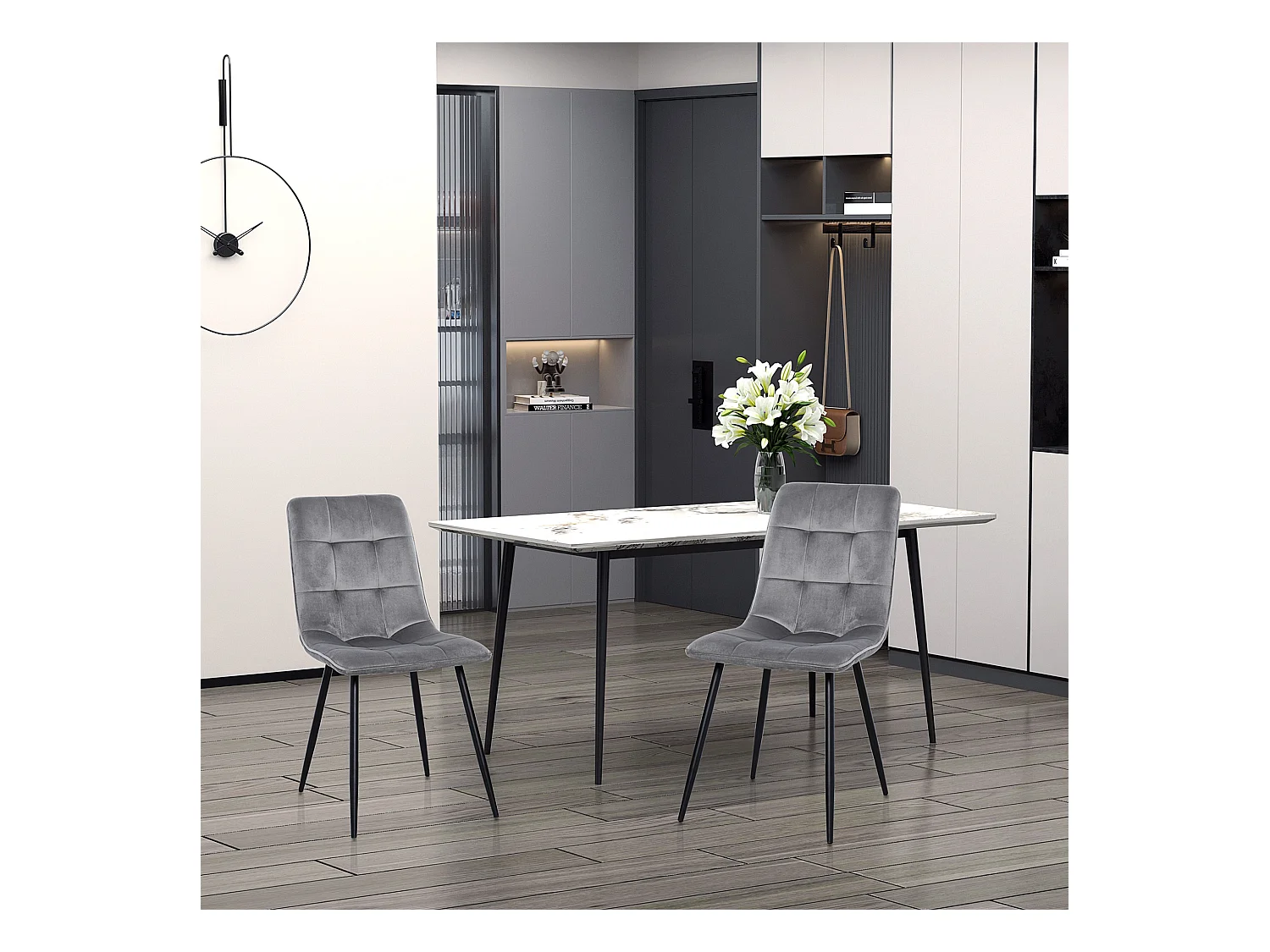 Juego de 2 sillas de comedor, silla de cocina tapizada, espuma, metal, gris negro