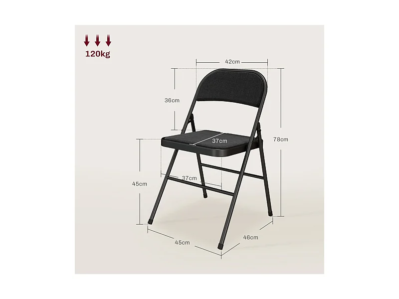 Lot de 4 chaises pliantes, chaises de bureau portables avec coussins aspect lin, pieds en acier, pour réception, salle d'attente, noir