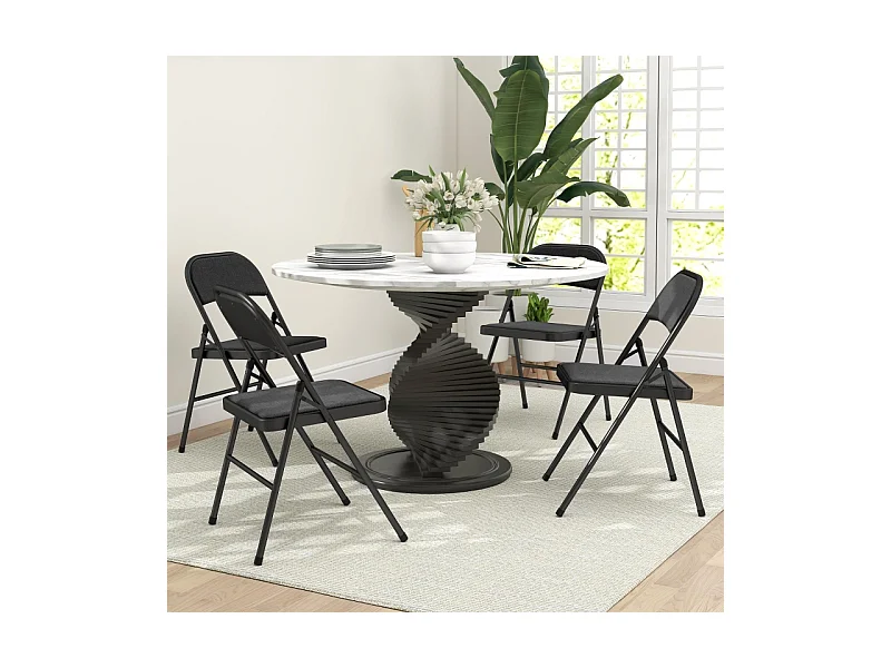 Lot de 4 chaises pliantes, chaises de bureau portables avec coussins aspect lin, pieds en acier, pour réception, salle d'attente, noir