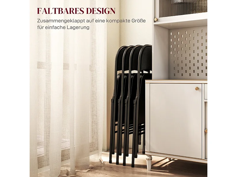 Set van 4 klapstoelen, draagbare bureaustoelen met linnenlook kussens, stalen poten, voor receptie, wachtkamer, zwart