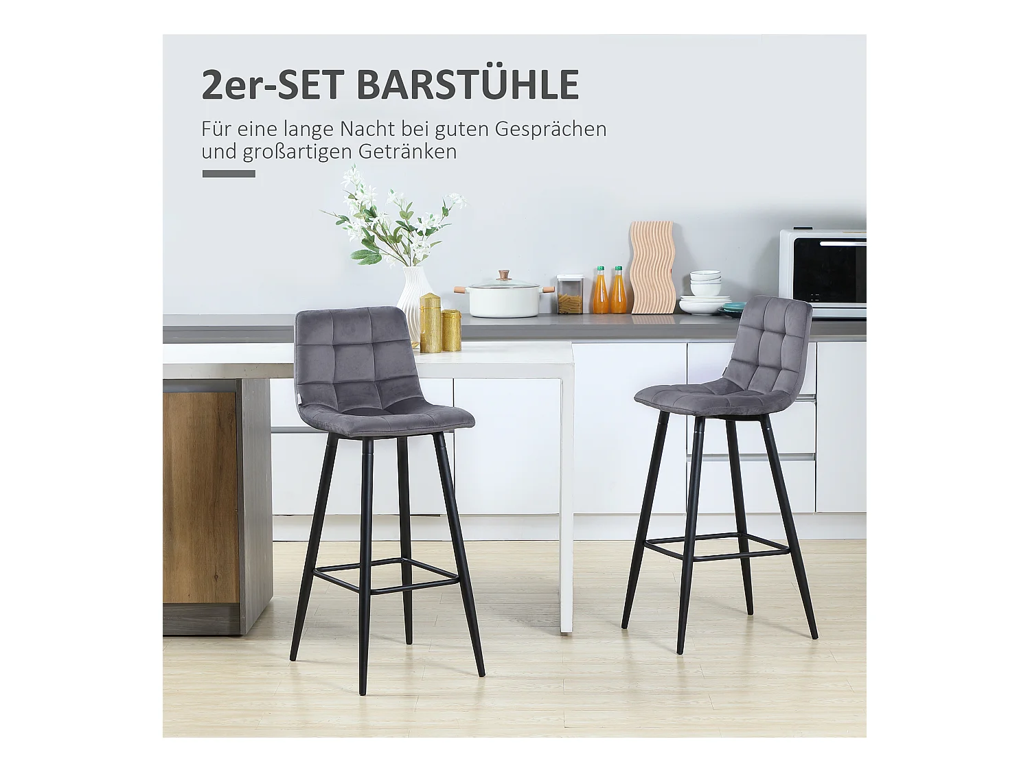 Lot de 2 tabourets de bar modernes, revêtement velours, pieds en acier, pieds antidérapants, jusqu'à 120 kg, hauteur 105 cm, gris