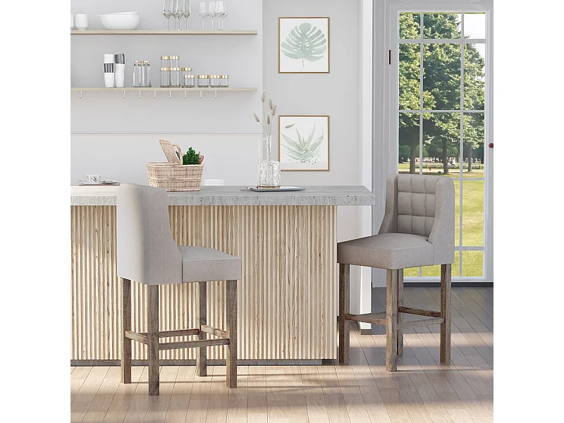 Set di 2 sgabelli da bar, con schienale, in legno massello, con poggiapiedi, grigio + naturale