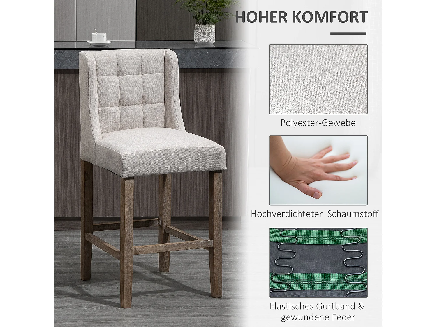 Lot de 2 tabourets de bar avec dossier, en bois massif, avec repose-pieds, gris + naturel