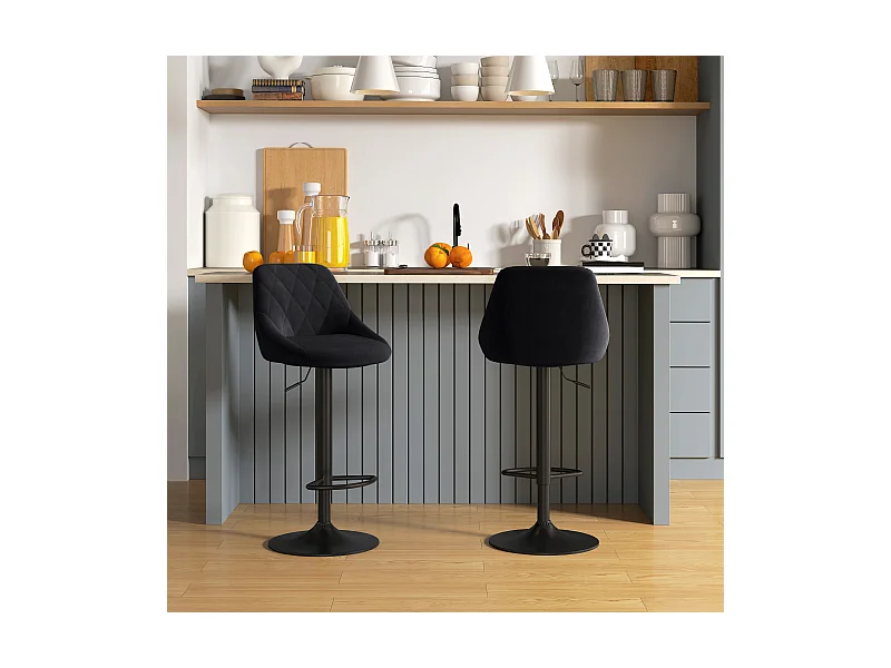 Barhocker 2er-Set, Höhenverstellbar, Schwarz, mit Fußstütze & Rückenlehne aus Samt & Metall