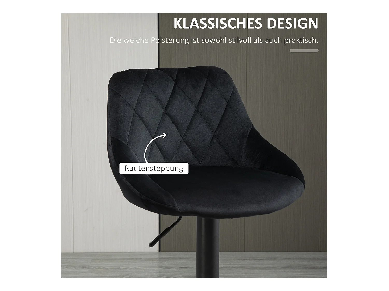 Lot de 2 tabourets de bar, réglables en hauteur, noirs, avec repose-pieds et dossier en velours et métal