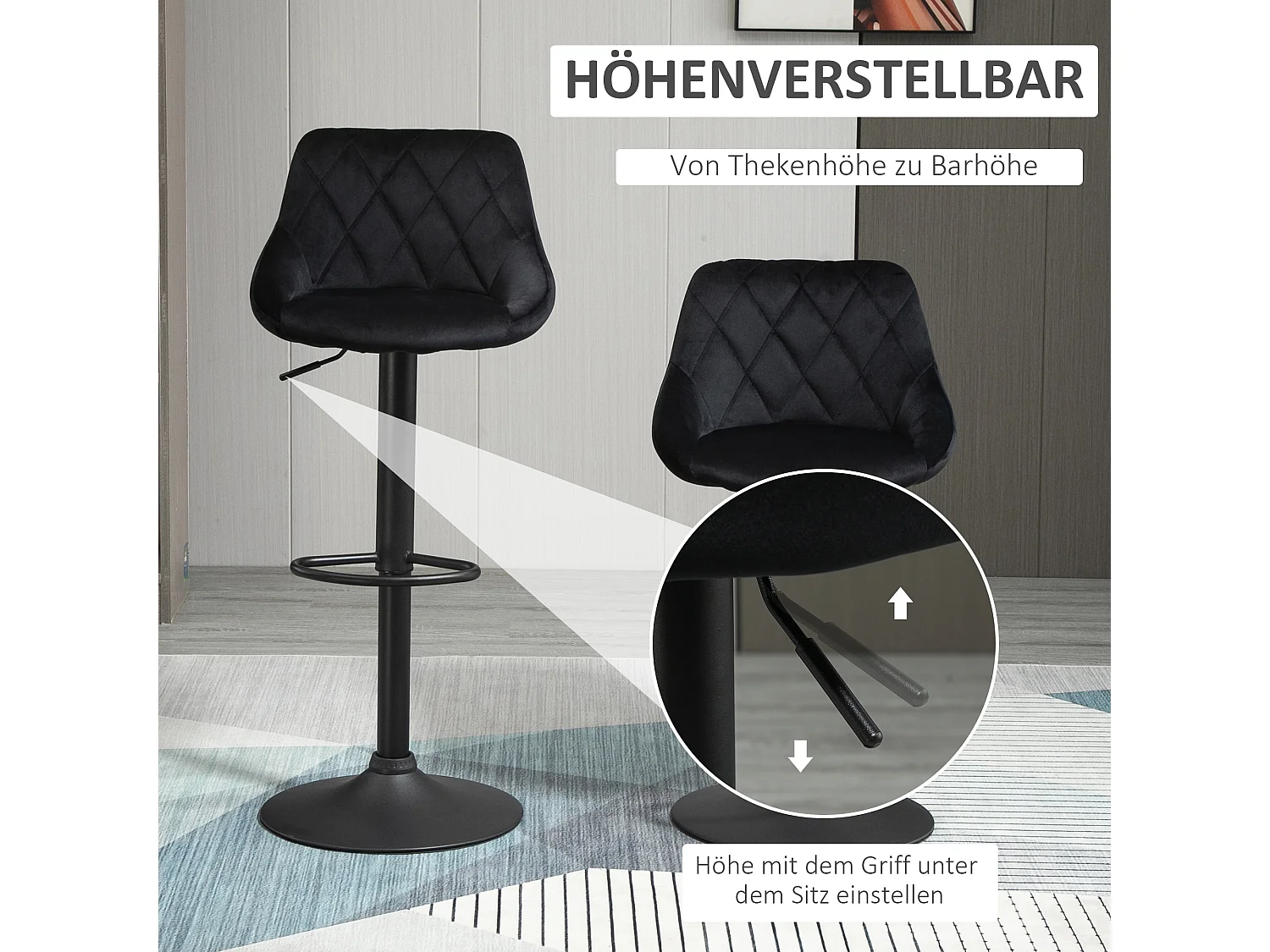 Juego de 2 taburetes de bar, regulables en altura, color negro, con reposapiés y respaldo de terciopelo y metal.