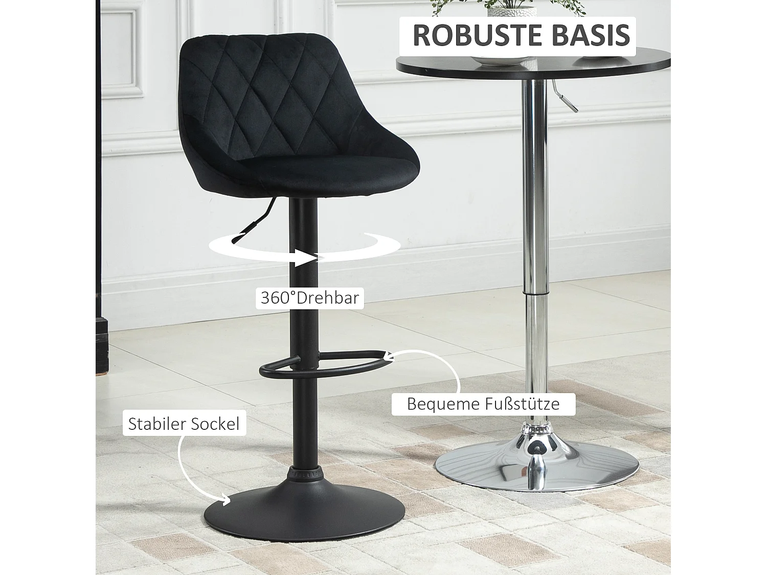 Juego de 2 taburetes de bar, regulables en altura, color negro, con reposapiés y respaldo de terciopelo y metal.