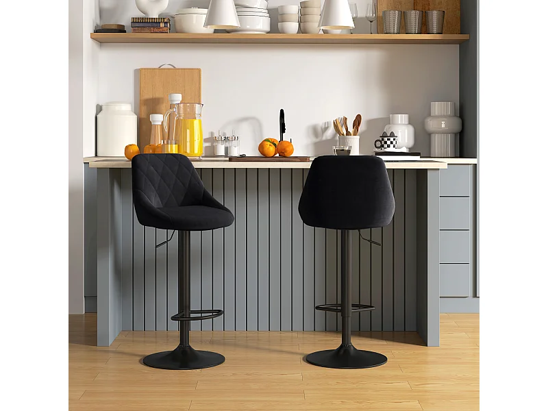 Juego de 2 taburetes de bar, regulables en altura, color negro, con reposapiés y respaldo de terciopelo y metal.