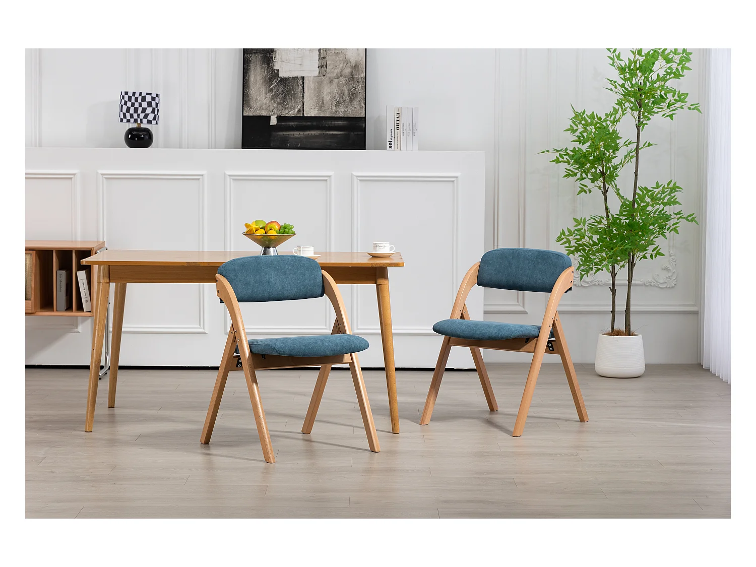 Opvouwbare stoelen met gewatteerde zitting, set van 2, houten stapelbare eetkamerstoelen, afneembare hoes, blauw