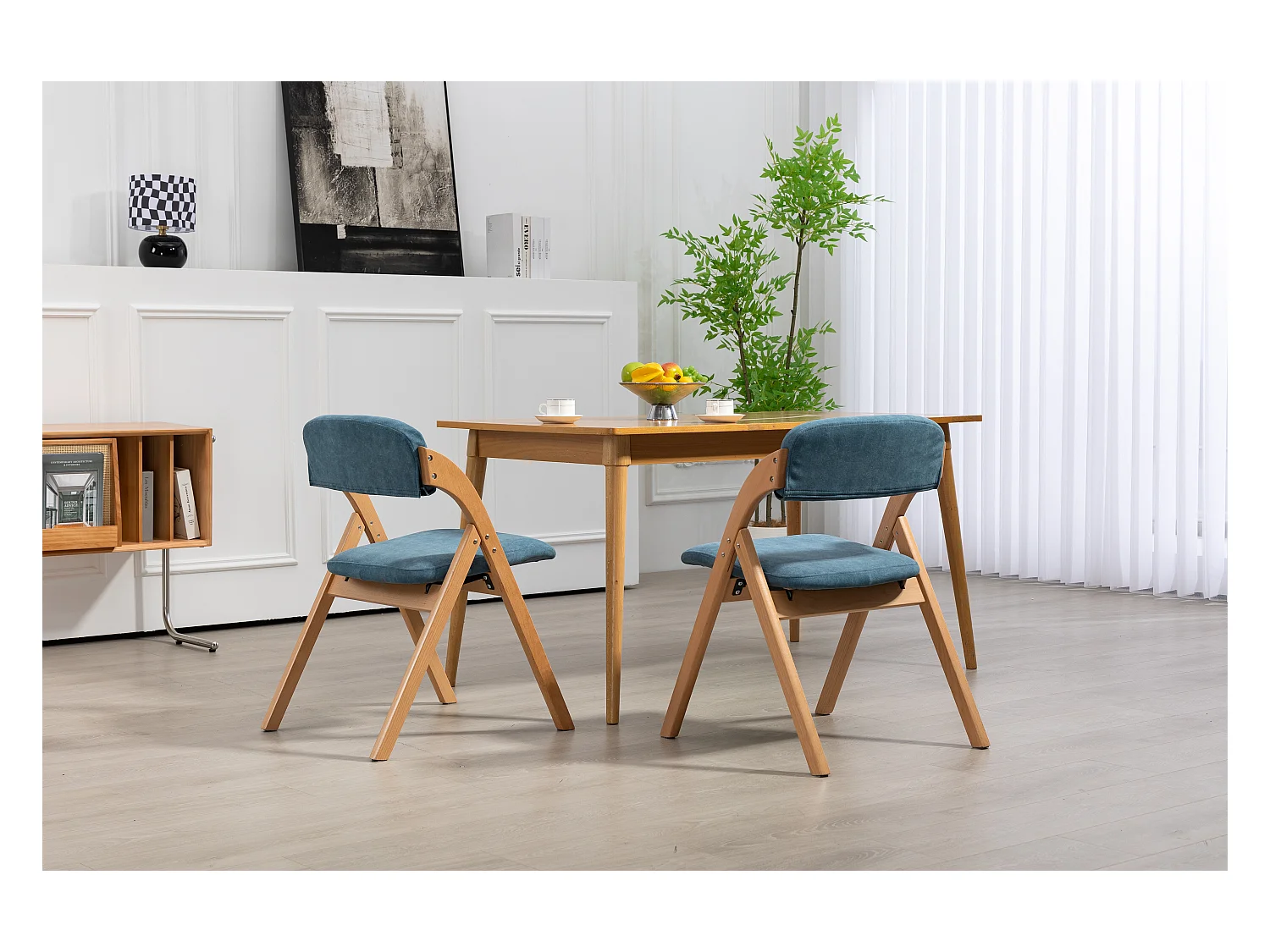 Opvouwbare stoelen met gewatteerde zitting, set van 2, houten stapelbare eetkamerstoelen, afneembare hoes, blauw