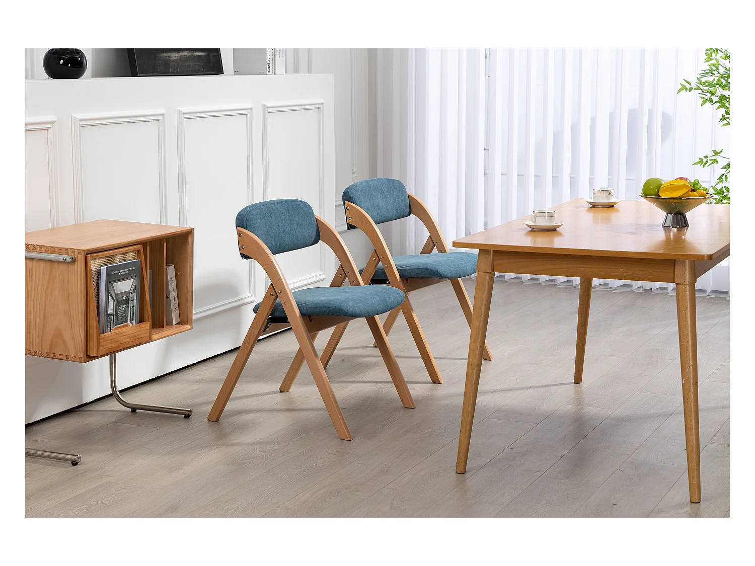 Opvouwbare stoelen met gewatteerde zitting, set van 2, houten stapelbare eetkamerstoelen, afneembare hoes, blauw