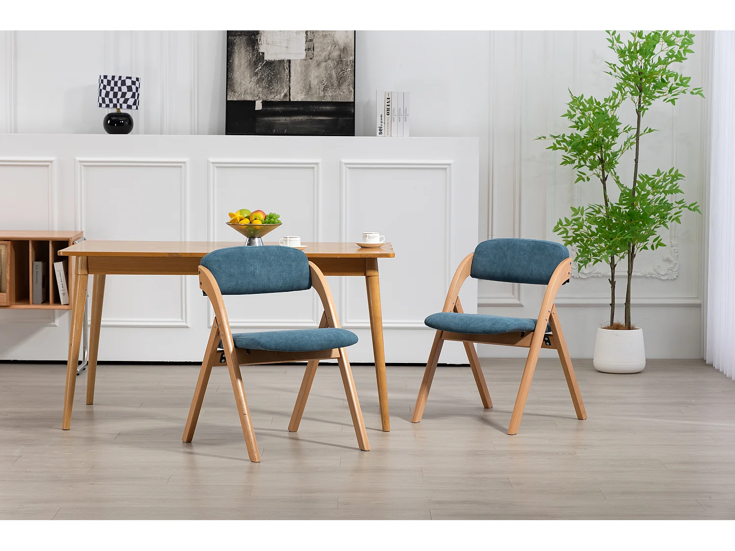 Opvouwbare stoelen met gewatteerde zitting, set van 2, houten stapelbare eetkamerstoelen, afneembare hoes, blauw