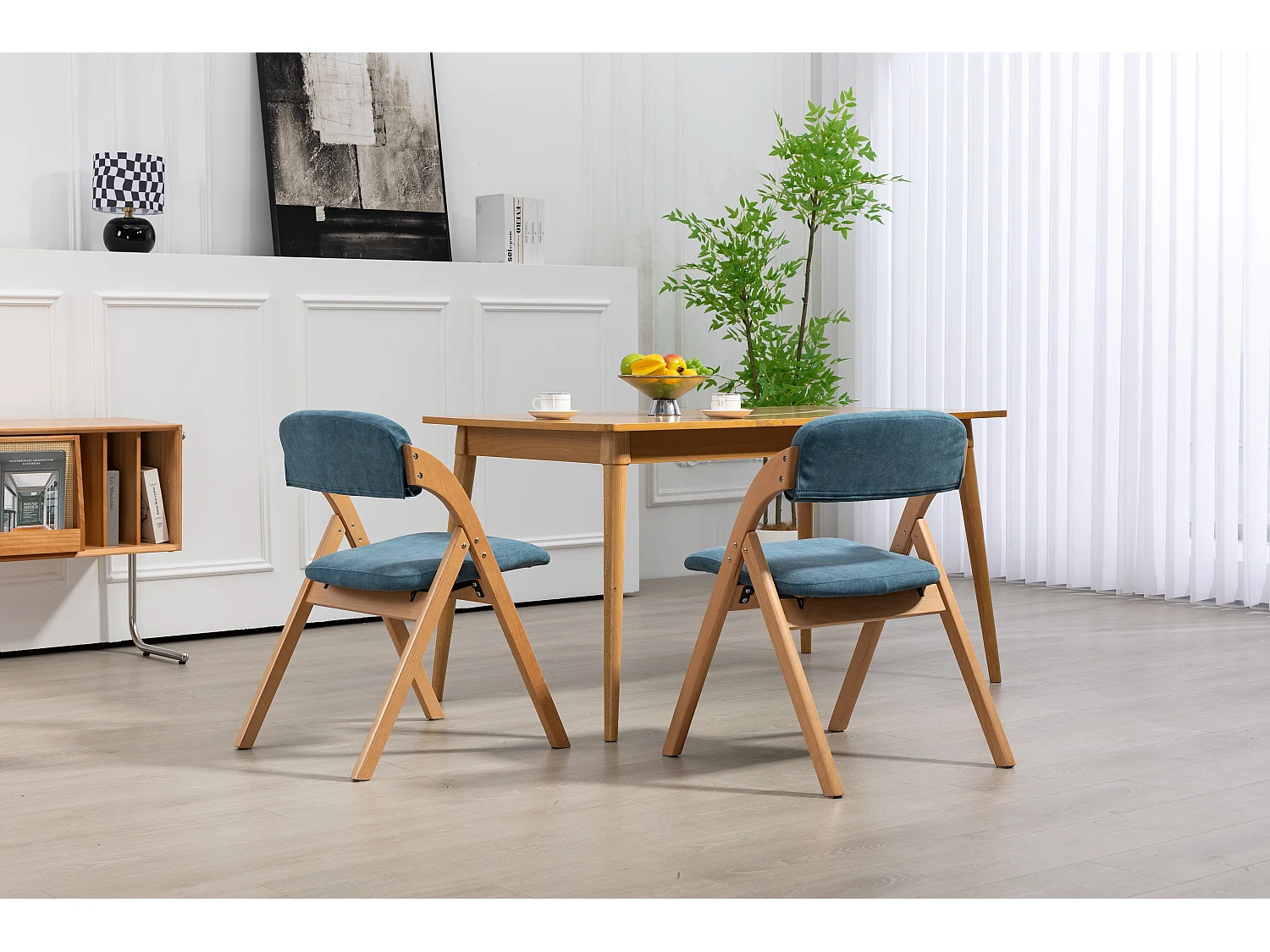 Opvouwbare stoelen met gewatteerde zitting, set van 2, houten stapelbare eetkamerstoelen, afneembare hoes, blauw