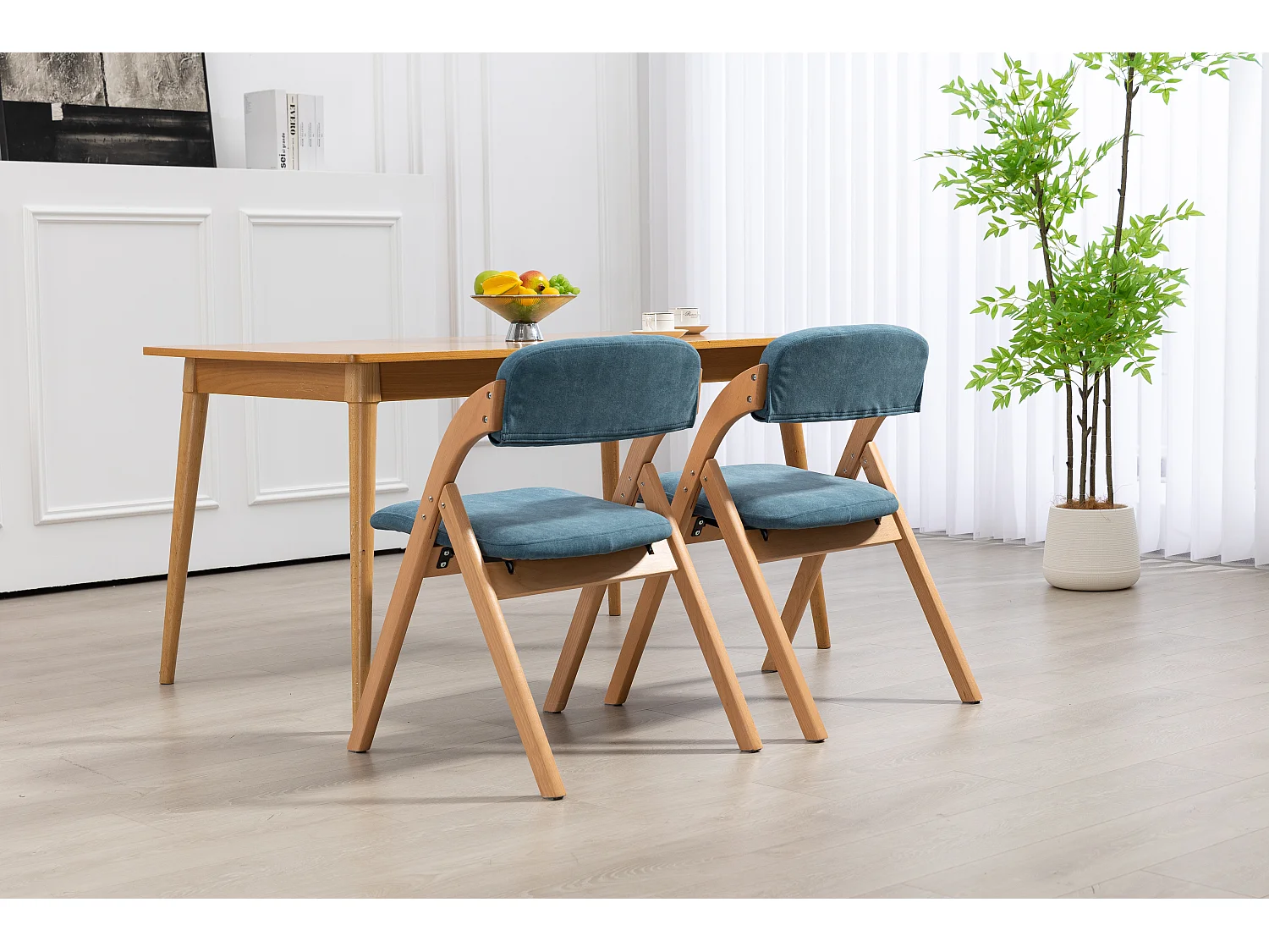 Opvouwbare stoelen met gewatteerde zitting, set van 2, houten stapelbare eetkamerstoelen, afneembare hoes, blauw