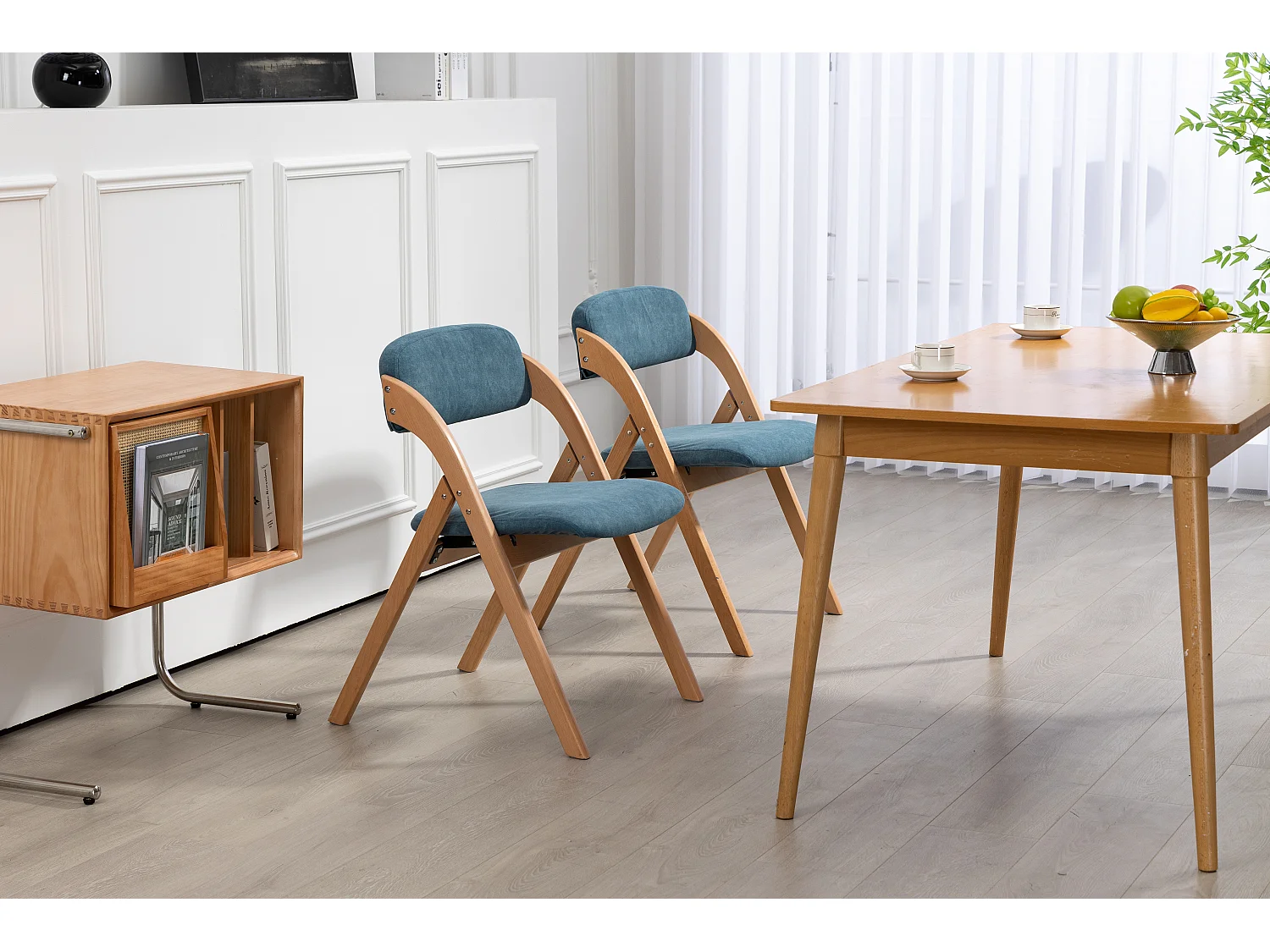 Opvouwbare stoelen met gewatteerde zitting, set van 2, houten stapelbare eetkamerstoelen, afneembare hoes, blauw