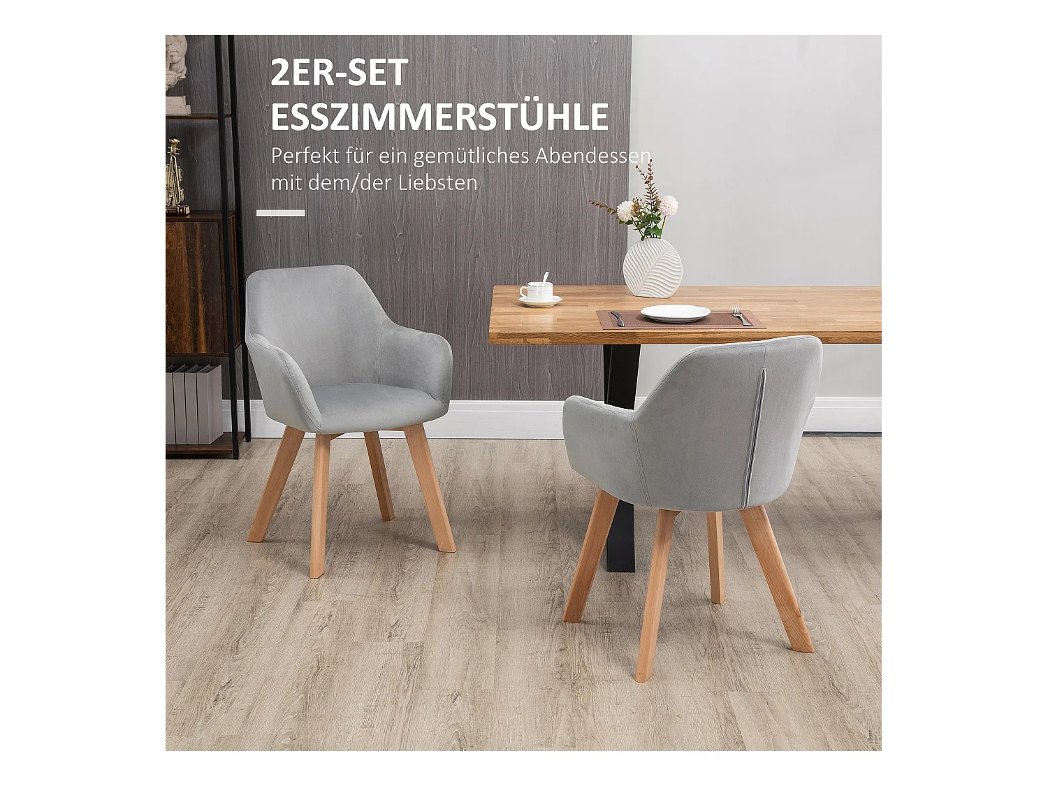Lot de 2 chaises de salle à manger, chaises de cuisine rembourrées avec accoudoirs, aspect velours, pieds en bois, gris