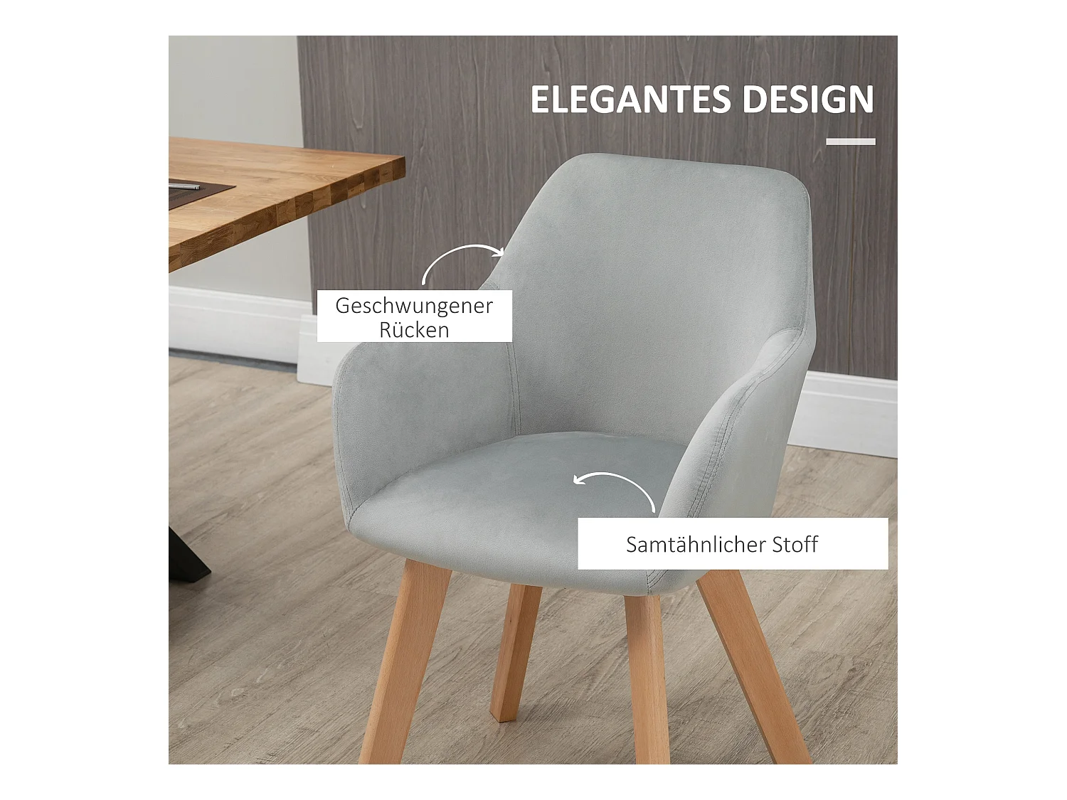 Lot de 2 chaises de salle à manger, chaises de cuisine rembourrées avec accoudoirs, aspect velours, pieds en bois, gris