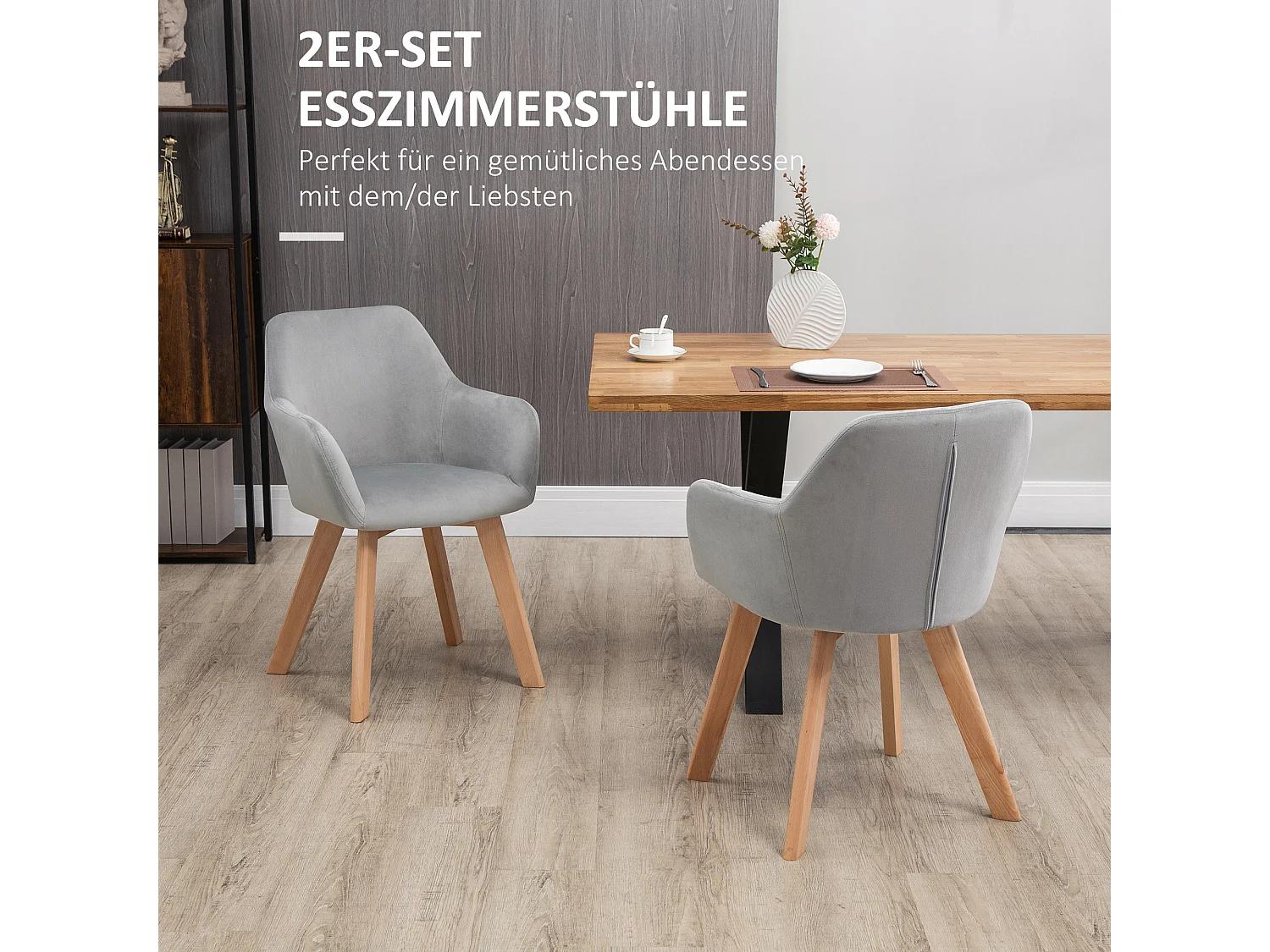 Set van 2 eetkamerstoelen, gestoffeerde keukenstoelen met armleuningen, fluweellook, houten poten, grijs