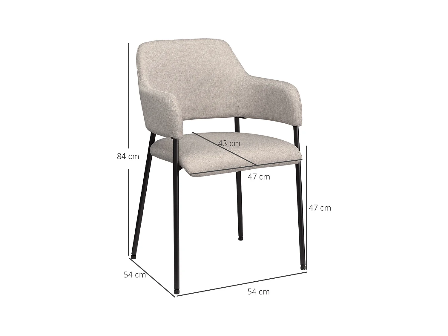 Lot de 2 chaises de salle à manger, chaise de cuisine avec dossier, chaise rembourrée avec pieds en acier, beige